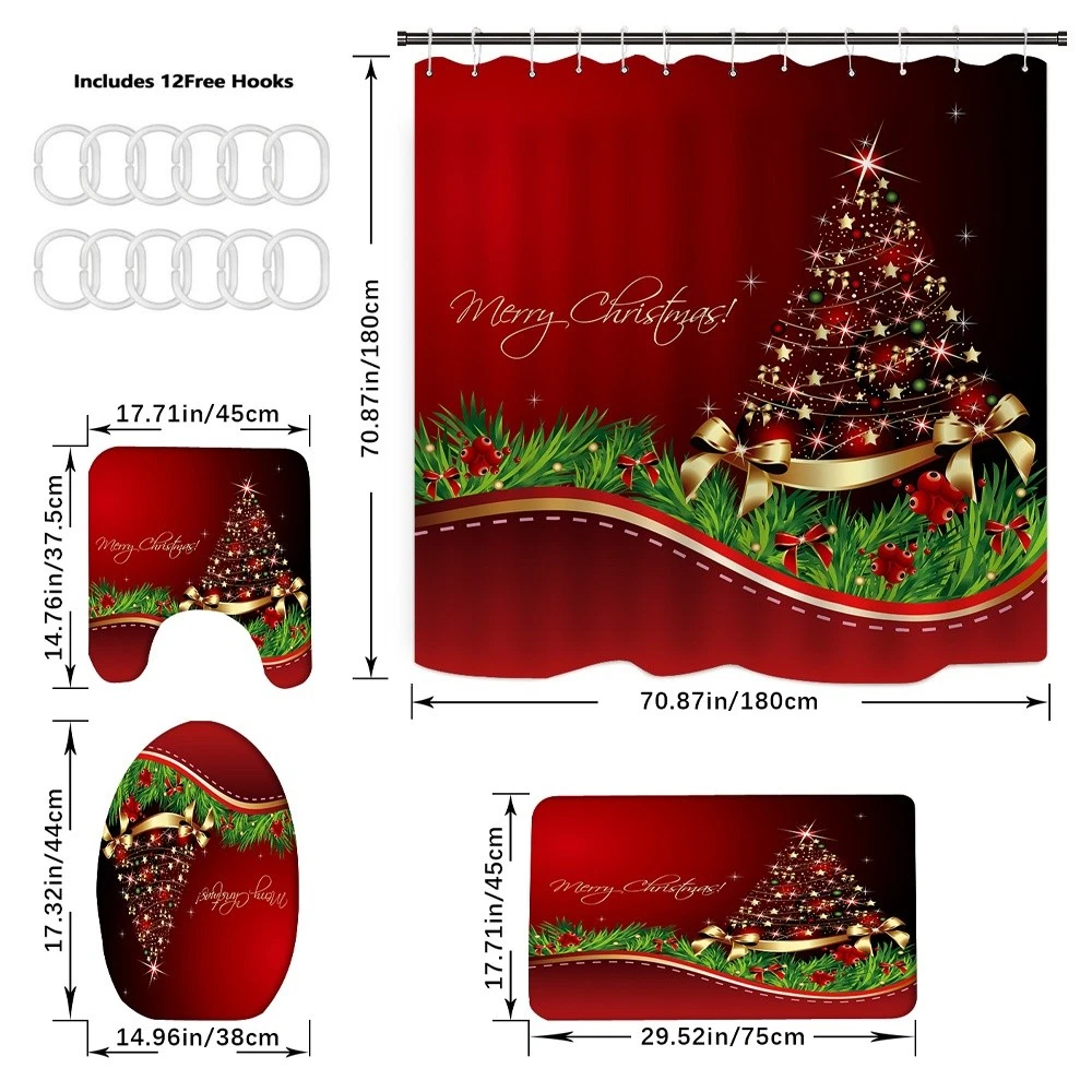 Merry Christmas 4PC Bathroom Set | Shower Curtain + Toilet Lid Cover + Bath Mat