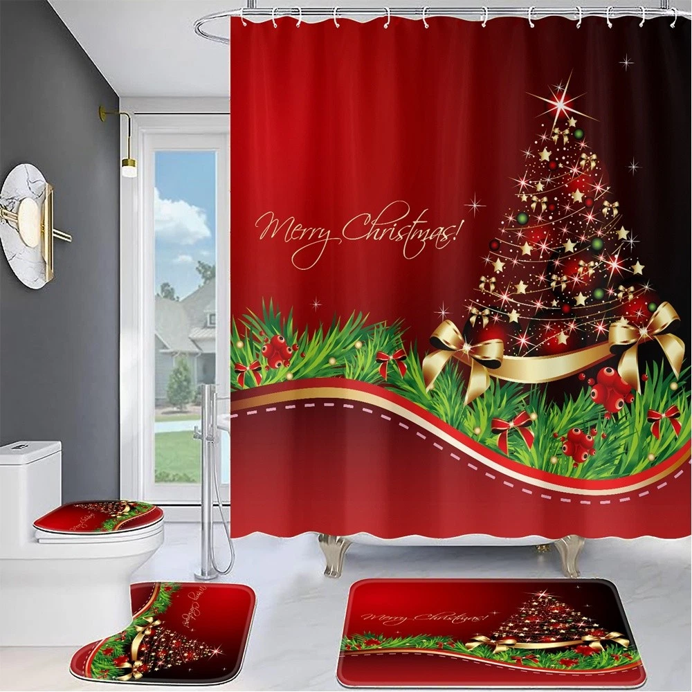 Merry Christmas 4PC Bathroom Set | Shower Curtain + Toilet Lid Cover + Bath Mat