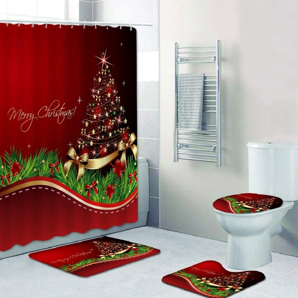 Merry Christmas 4PC Bathroom Set | Shower Curtain + Toilet Lid Cover + Bath Mat
