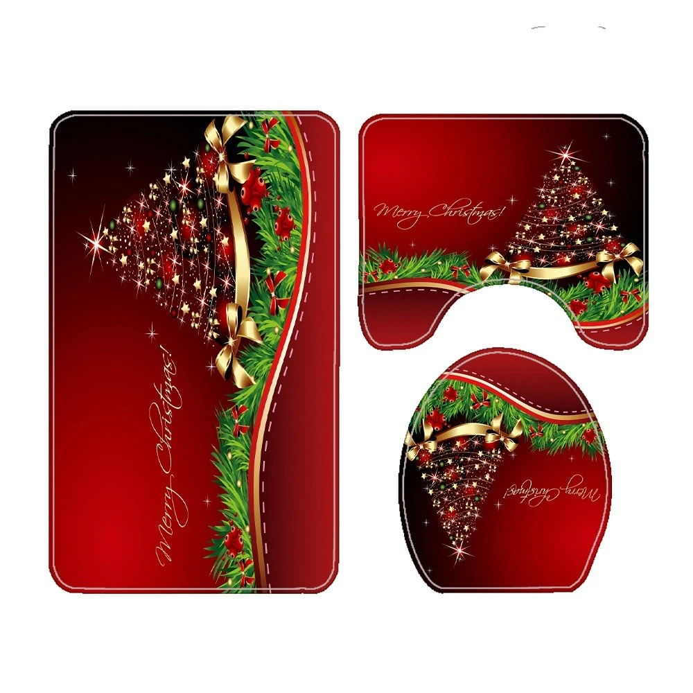 Merry Christmas 4PC Bathroom Set | Shower Curtain + Toilet Lid Cover + Bath Mat