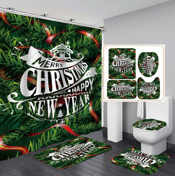 Merry Christmas 4PC Bathroom Set | Shower Curtain + Toilet Lid Cover + Bath Mat