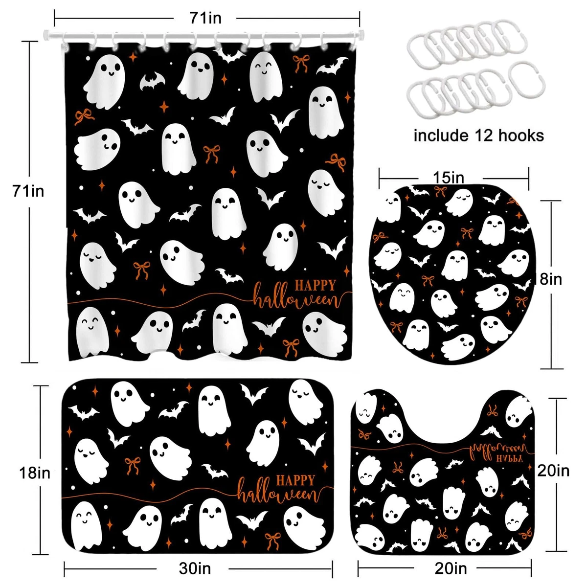 Mocsicka 4Pcs Halloween Shower Curtain Set Black with Rugs Toilet Lid Cover