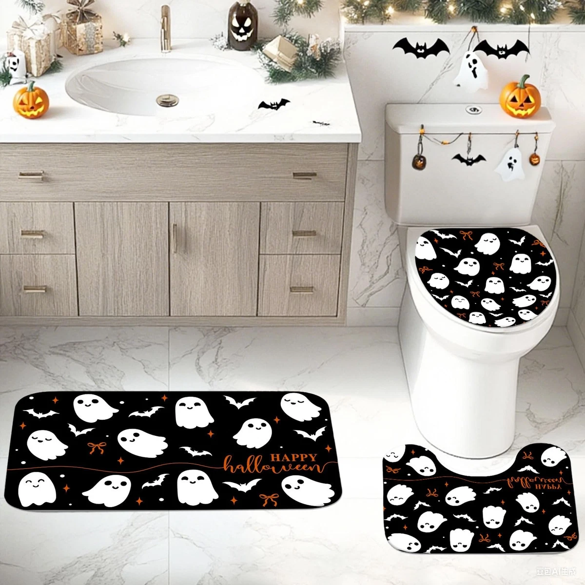 Mocsicka 4Pcs Halloween Shower Curtain Set Black with Rugs Toilet Lid Cover