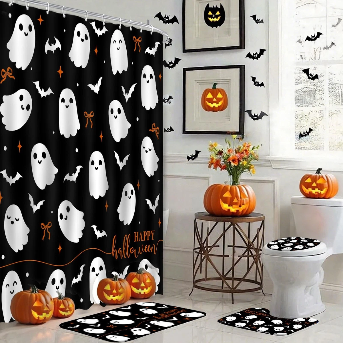Mocsicka 4Pcs Halloween Shower Curtain Set Black with Rugs Toilet Lid Cover