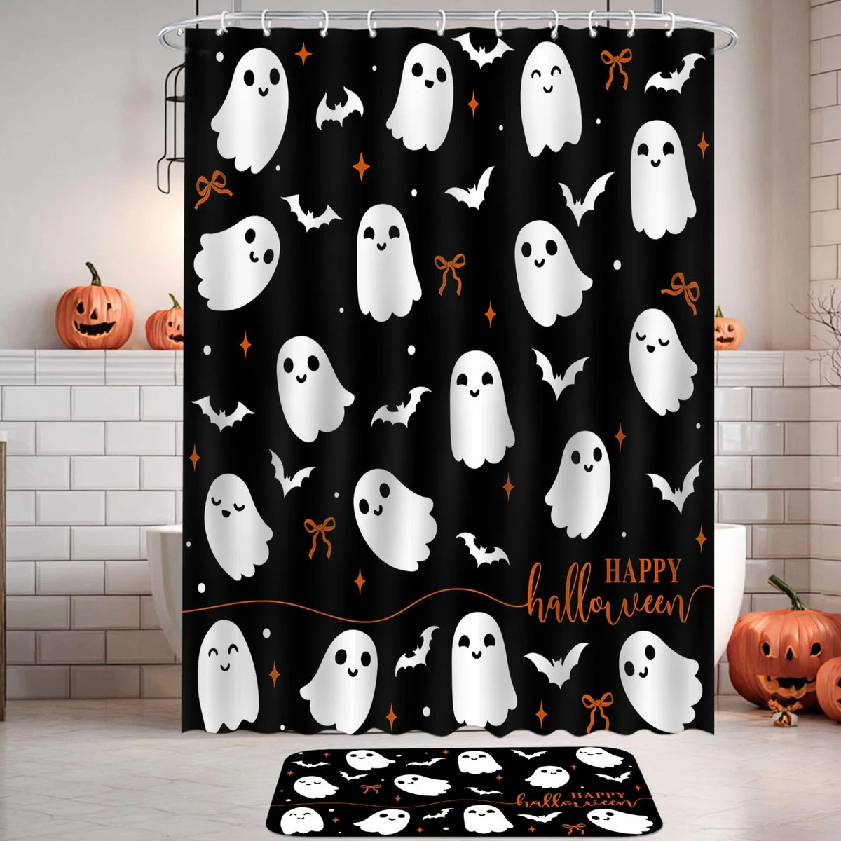 Mocsicka 4Pcs Halloween Shower Curtain Set Black with Rugs Toilet Lid Cover