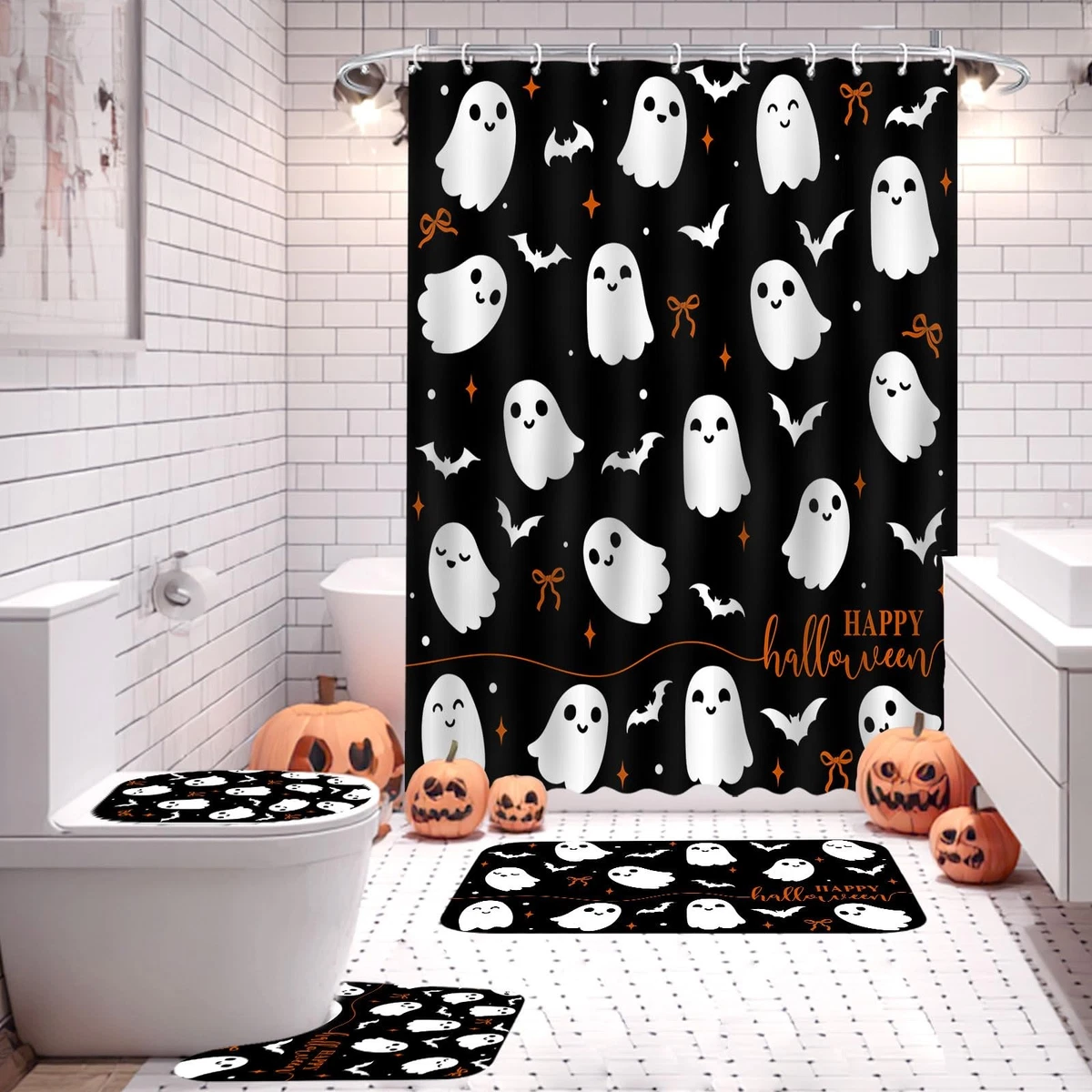 Mocsicka 4Pcs Halloween Shower Curtain Set Black with Rugs Toilet Lid Cover