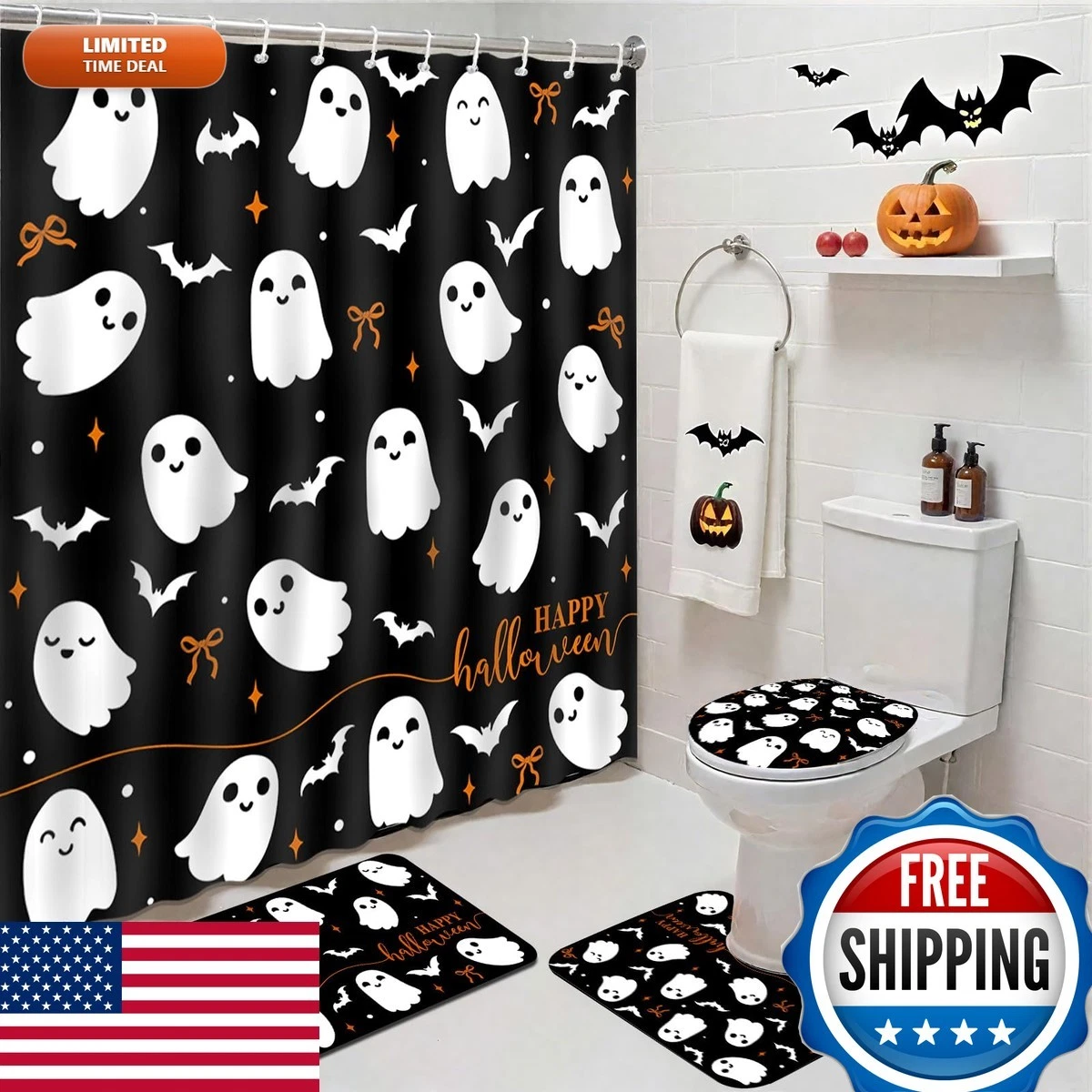 Mocsicka 4Pcs Halloween Shower Curtain Set Black with Rugs Toilet Lid Cover