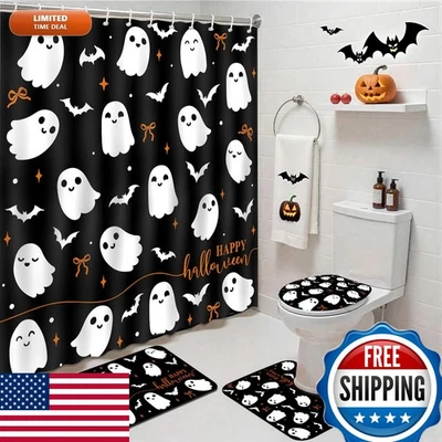 Mocsicka 4Pcs Halloween Shower Curtain Set Black with Rugs Toilet Lid Cover