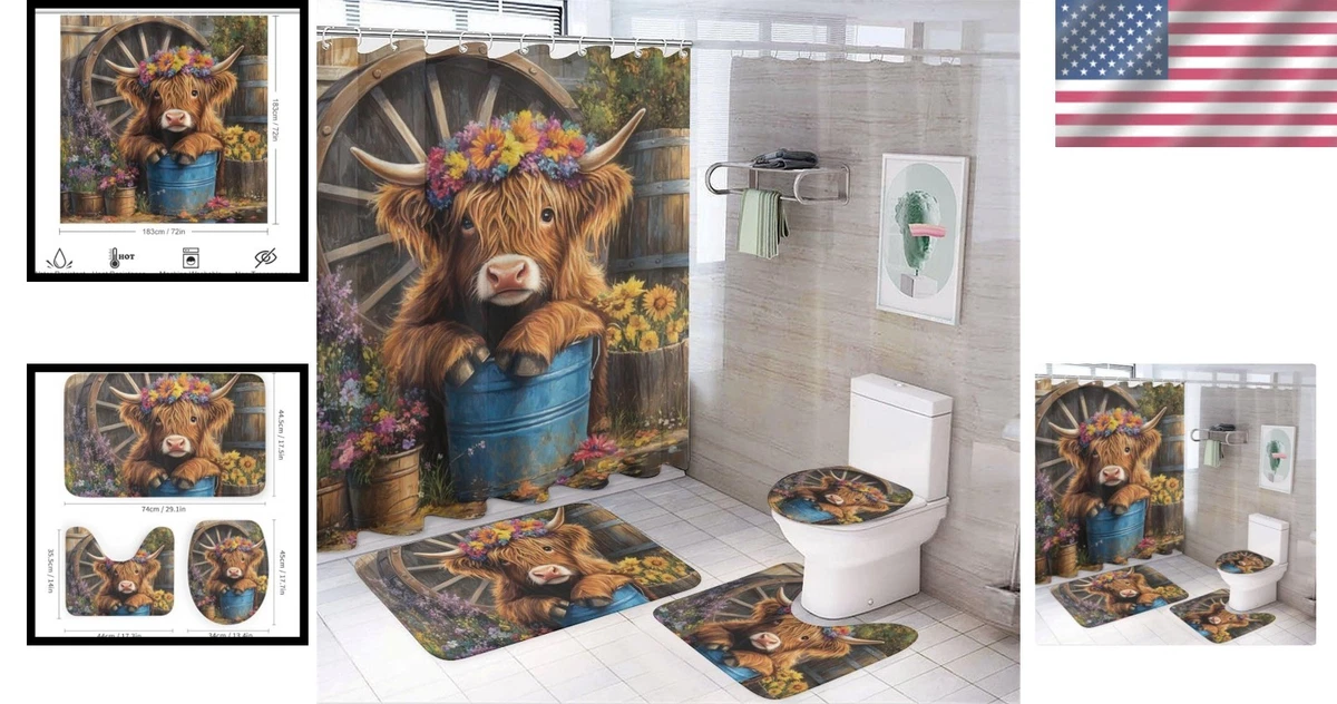 Modern Highland Cow Bathroom Shower Curtain Set 4pc 72x72 Rugs Lid Cover Hooks