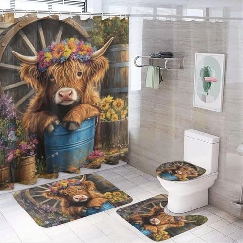 Modern Highland Cow Bathroom Shower Curtain Set 4pc 72x72 Rugs Lid Cover Hooks