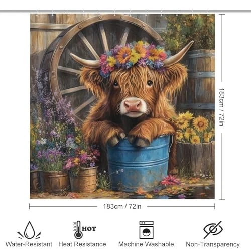 Modern Highland Cow Bathroom Shower Curtain Set 4pc 72x72 Rugs Lid Cover Hooks