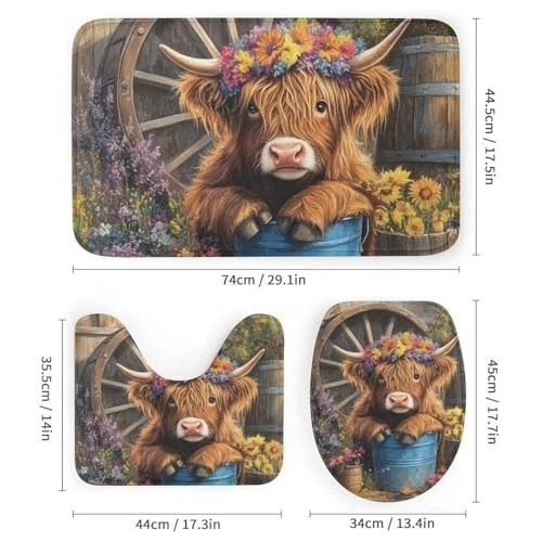 Modern Highland Cow Bathroom Shower Curtain Set 4pc 72x72 Rugs Lid Cover Hooks