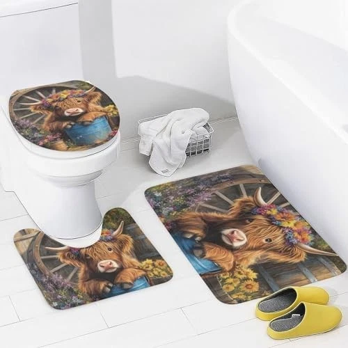 Modern Highland Cow Bathroom Shower Curtain Set 4pc 72x72 Rugs Lid Cover Hooks