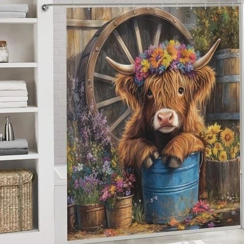 Modern Highland Cow Bathroom Shower Curtain Set 4pc 72x72 Rugs Lid Cover Hooks