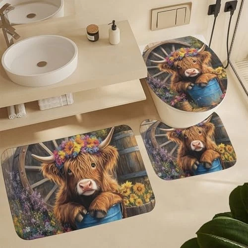 Modern Highland Cow Bathroom Shower Curtain Set 4pc 72x72 Rugs Lid Cover Hooks