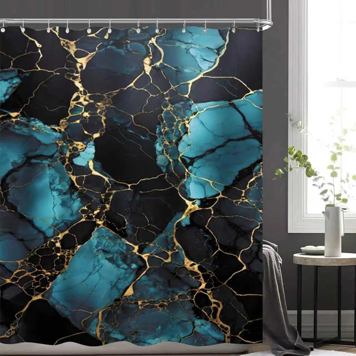 NBVKO 4 Pcs Navy Marble Shower Curtain Set with Rugs Toilet Lid Cover Gold