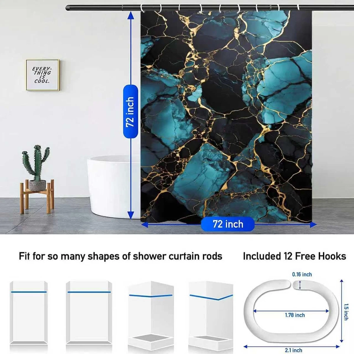 NBVKO 4 Pcs Navy Marble Shower Curtain Set with Rugs Toilet Lid Cover Gold