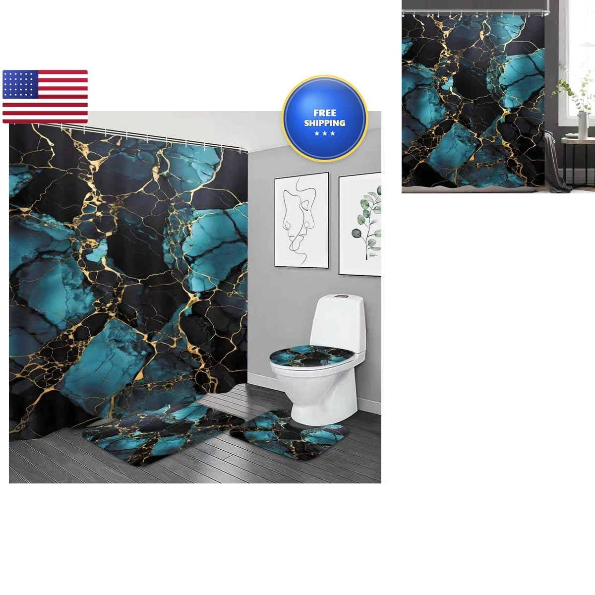 NBVKO 4 Pcs Navy Marble Shower Curtain Set with Rugs Toilet Lid Cover Gold