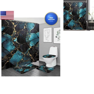 NBVKO 4 Pcs Navy Marble Shower Curtain Set with Rugs Toilet Lid Cover Gold