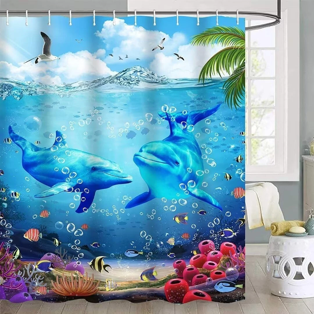 New 4Pcs Sea Dolphin Shower Curtain Sets with Rugs,Toilet Lid Cover and Bath