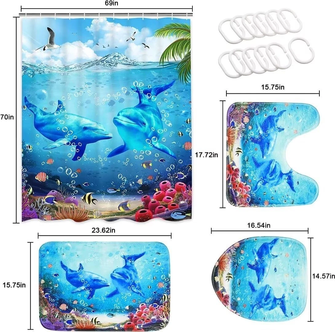 New 4Pcs Sea Dolphin Shower Curtain Sets with Rugs,Toilet Lid Cover and Bath
