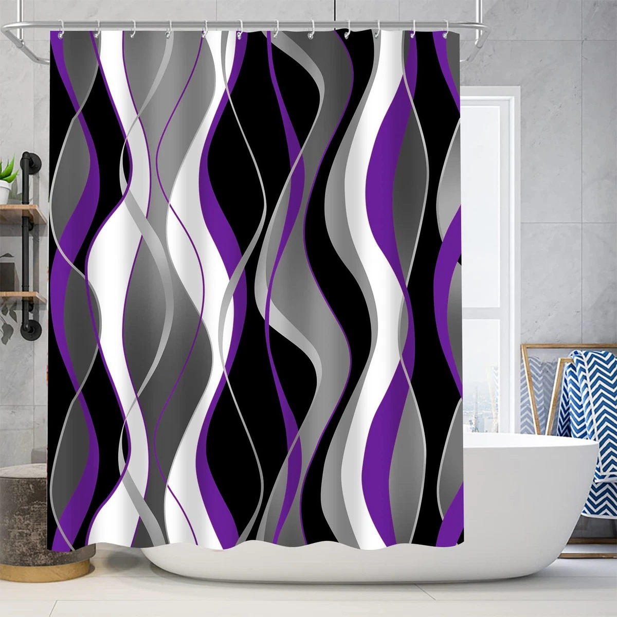 Nkzply 4 Pcs Purple Shower Curtain Set with Rugs Toilet Lid Cover Hooks