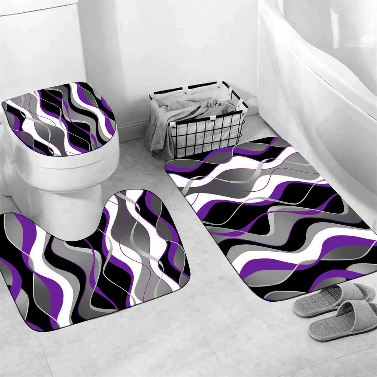 Nkzply 4 Pcs Purple Shower Curtain Set with Rugs Toilet Lid Cover Hooks