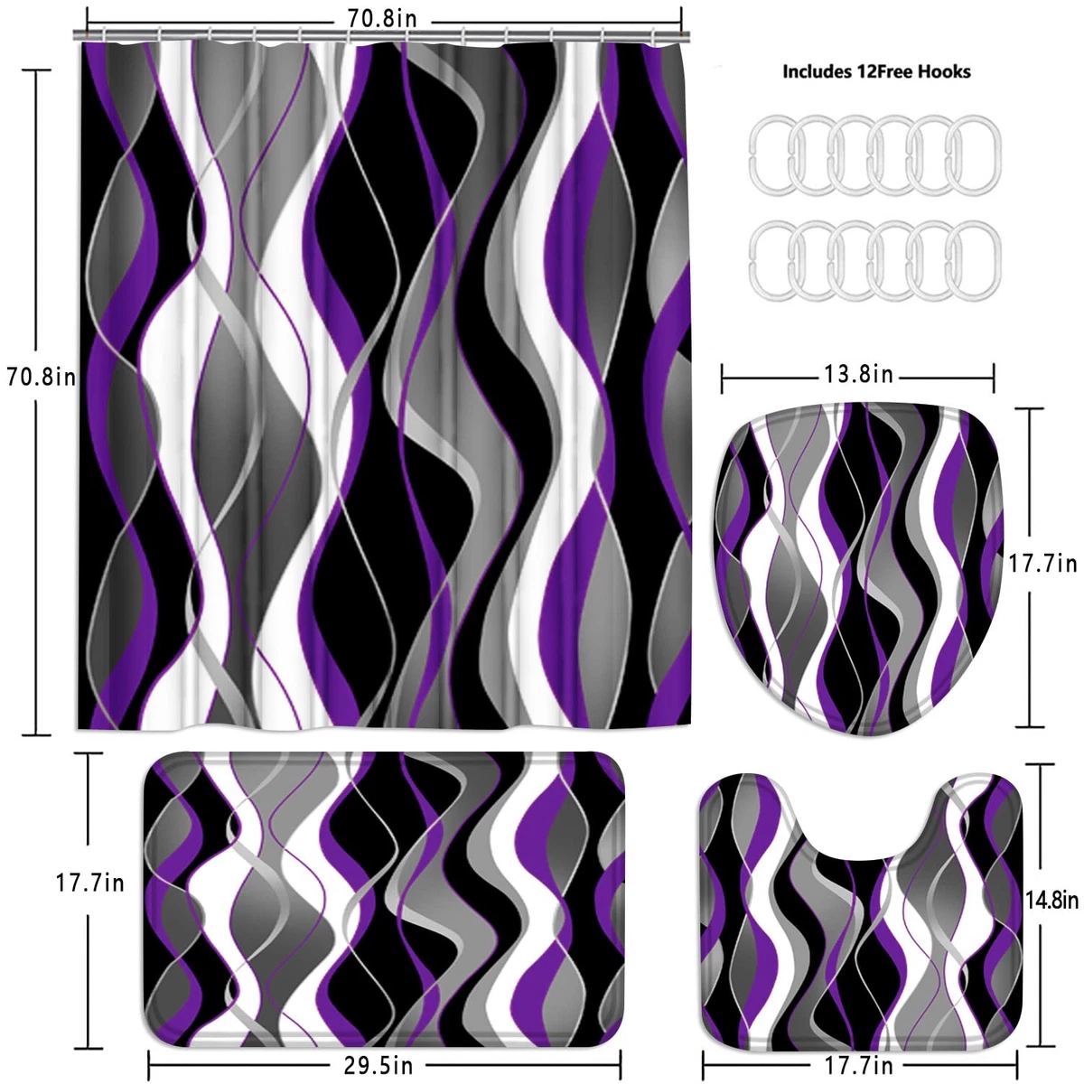 Nkzply 4 Pcs Purple Shower Curtain Set with Rugs Toilet Lid Cover Hooks