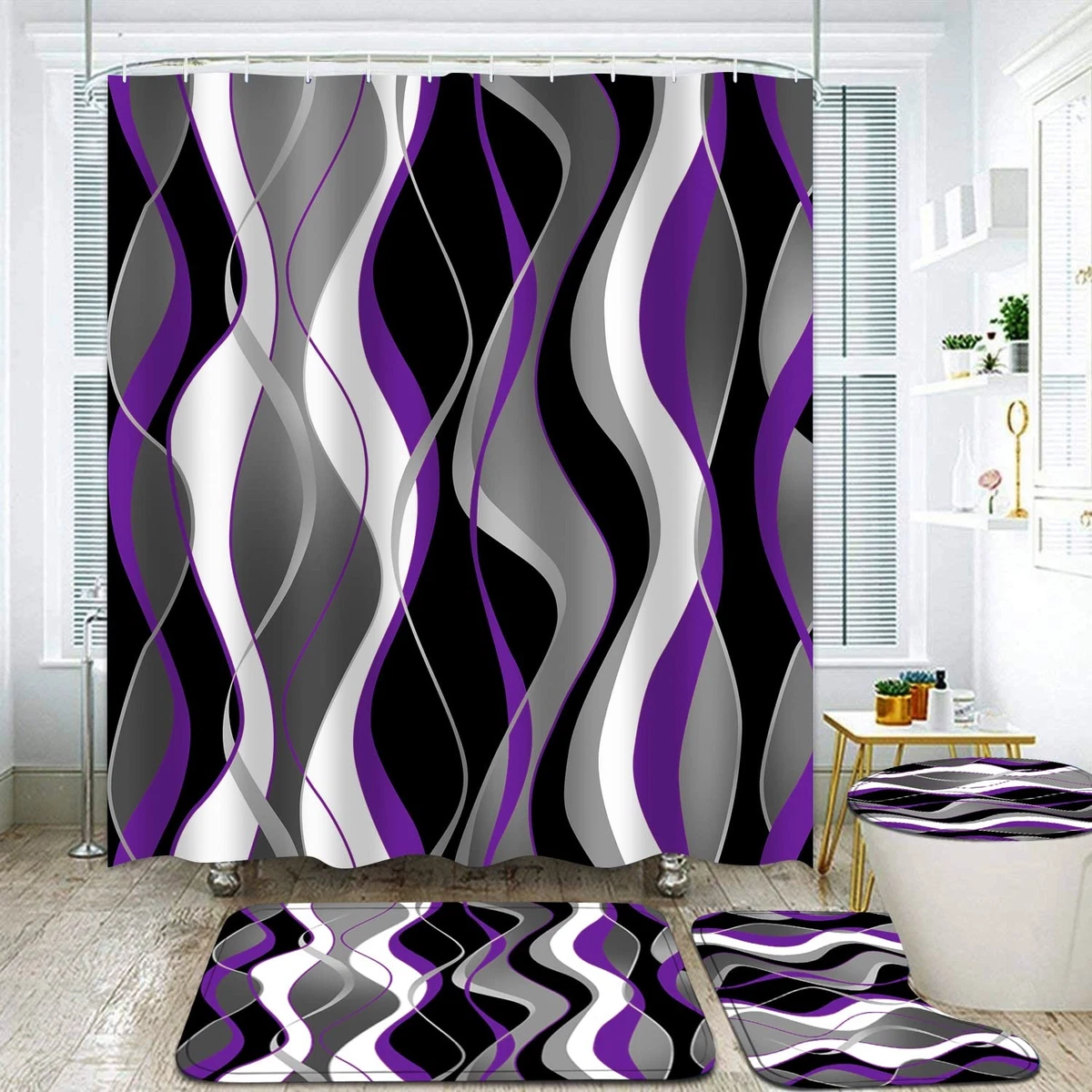 Nkzply 4 Pcs Purple Shower Curtain Set with Rugs Toilet Lid Cover Hooks