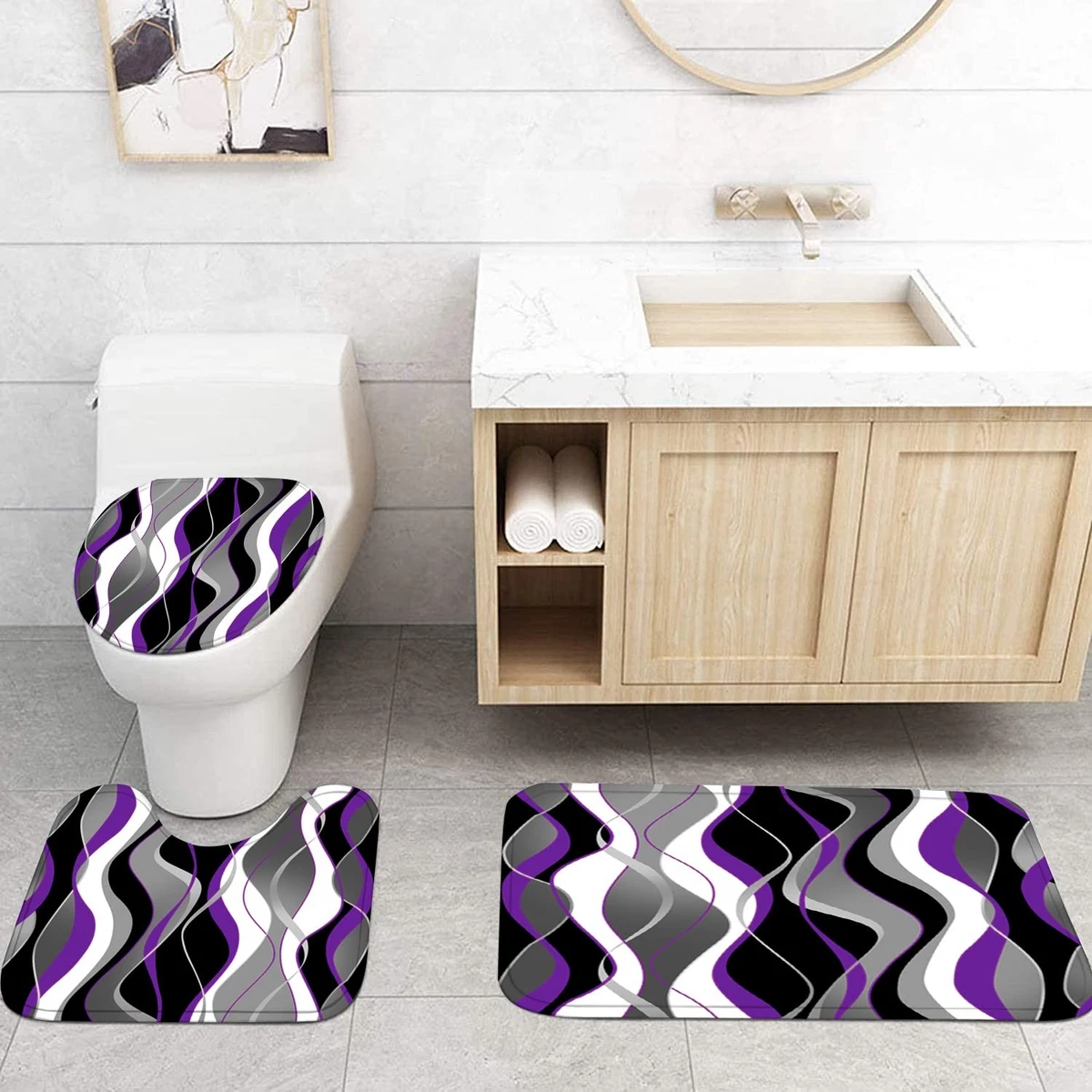 Nkzply 4 Pcs Purple Shower Curtain Set with Rugs Toilet Lid Cover Hooks