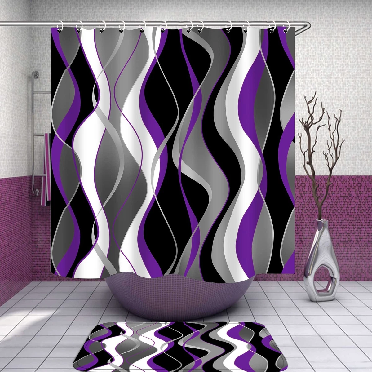 Nkzply 4 Pcs Purple Shower Curtain Set with Rugs Toilet Lid Cover Hooks