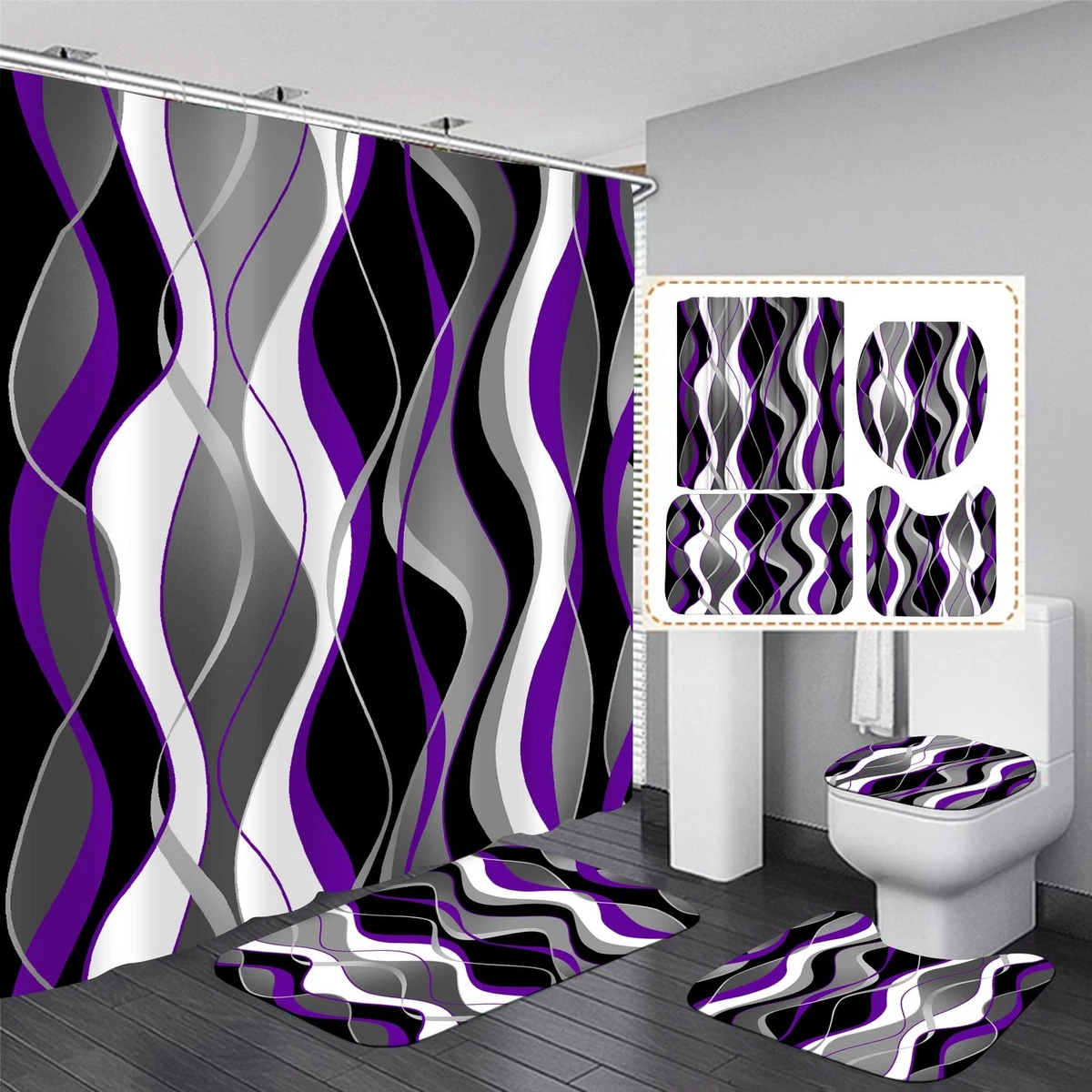 Nkzply 4 Pcs Purple Shower Curtain Set with Rugs Toilet Lid Cover Hooks
