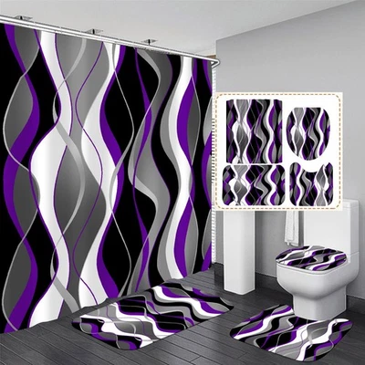 Nkzply 4 Pcs Purple Shower Curtain Set with Rugs Toilet Lid Cover Hooks