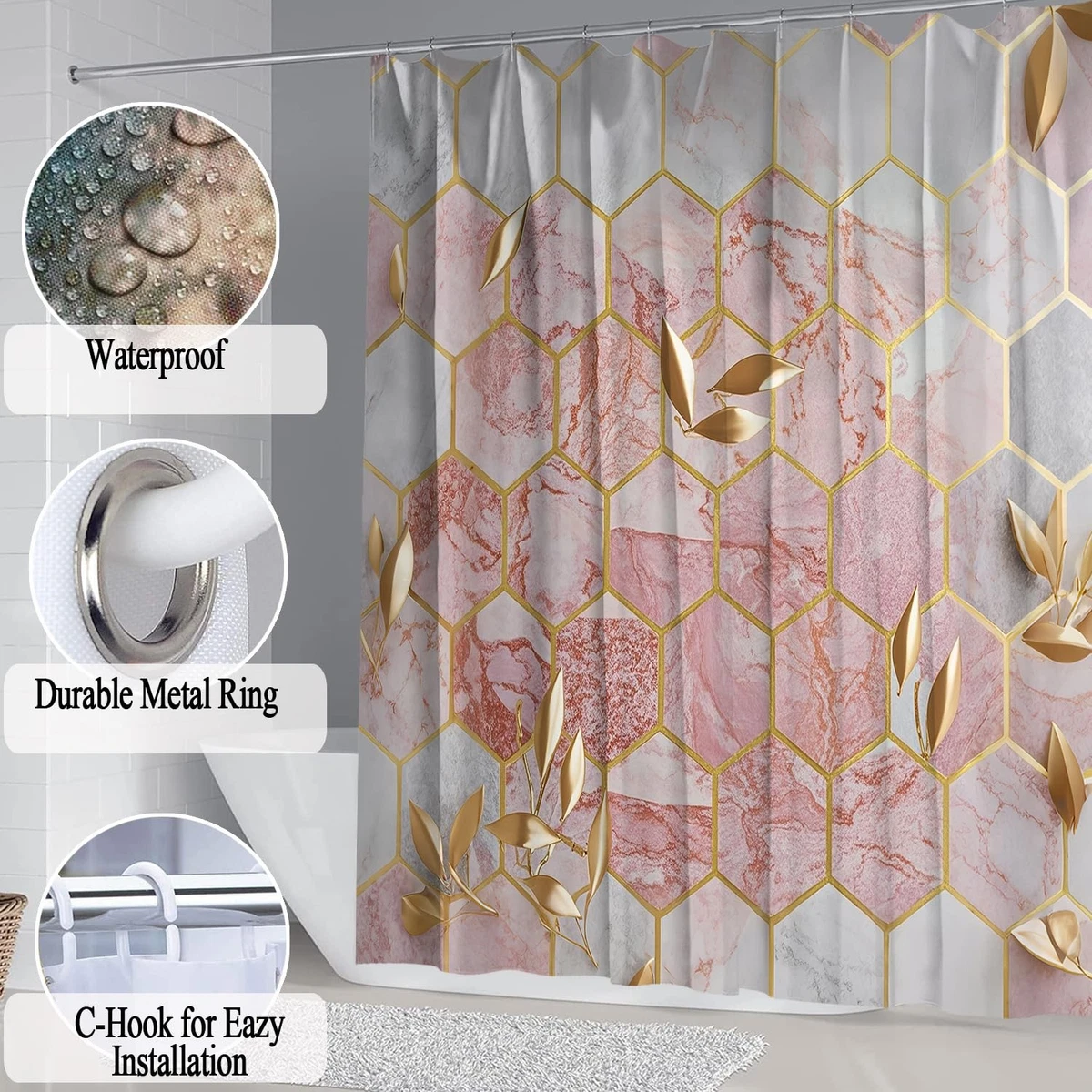 Omebero 4 Pcs Pink Shower Curtain Set with Rugs Toilet Lid Cover