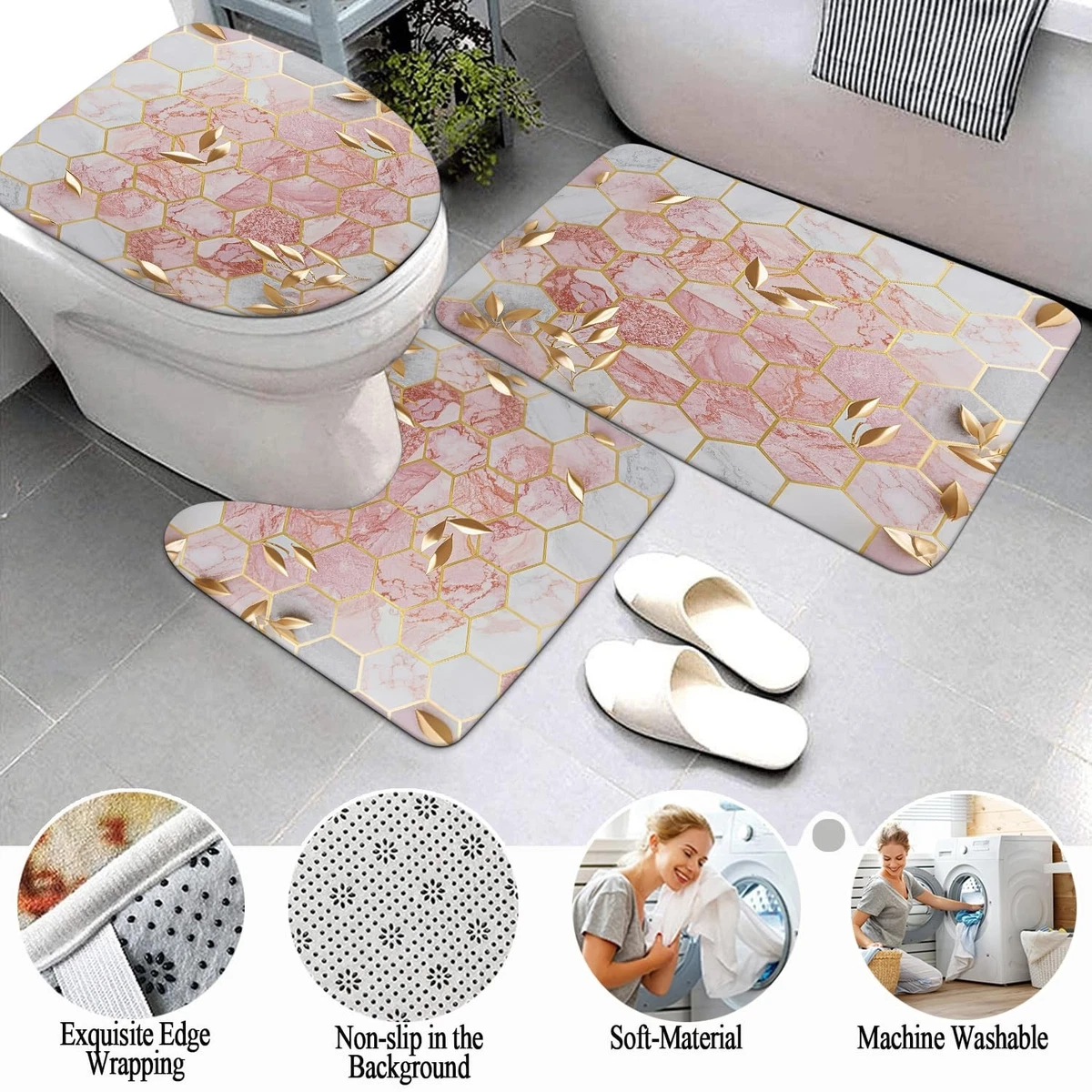 Omebero 4 Pcs Pink Shower Curtain Set with Rugs Toilet Lid Cover