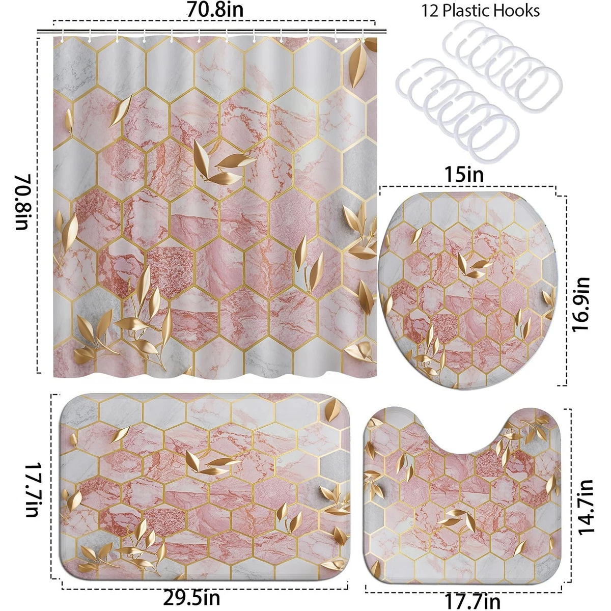 Omebero 4 Pcs Pink Shower Curtain Set with Rugs Toilet Lid Cover
