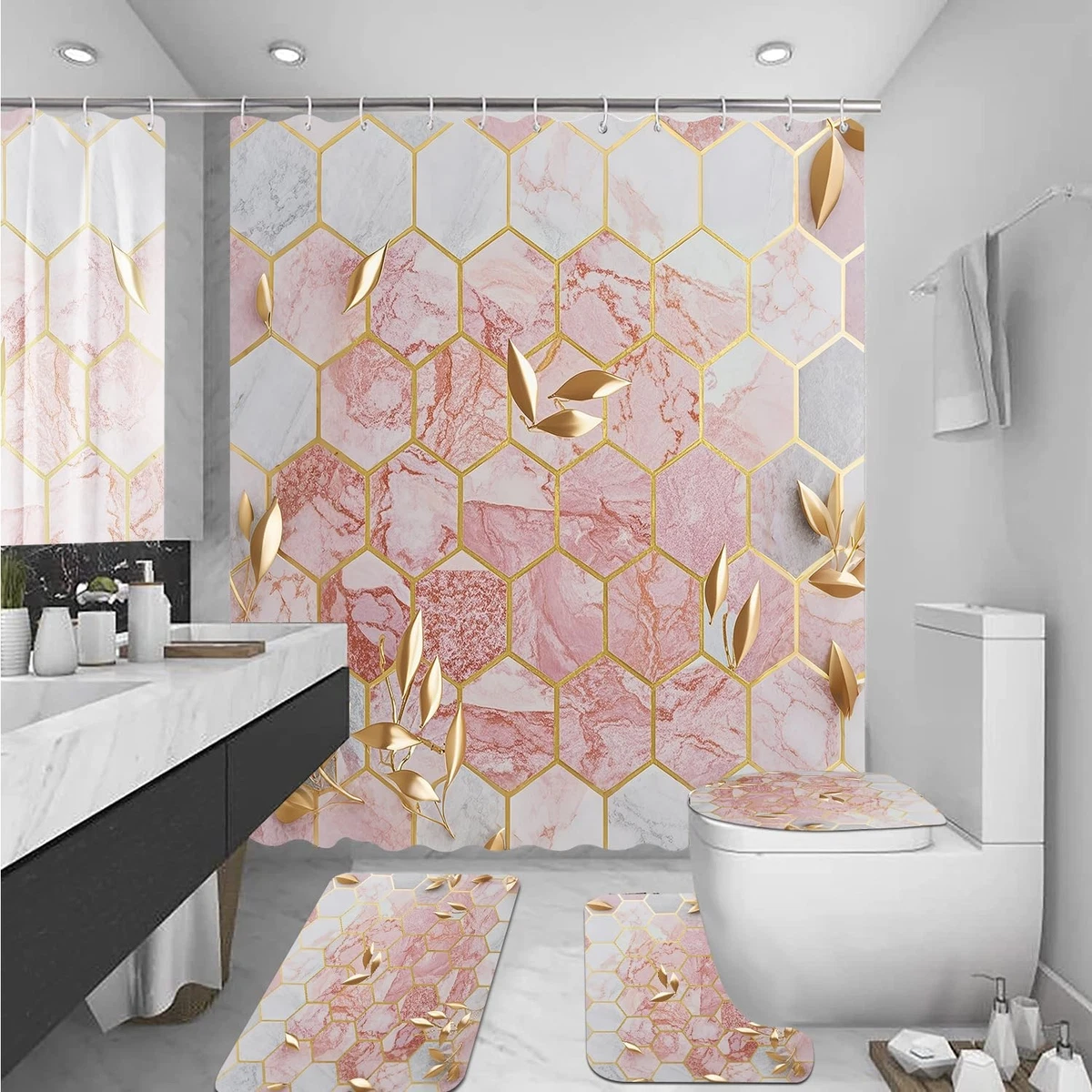 Omebero 4 Pcs Pink Shower Curtain Set with Rugs Toilet Lid Cover