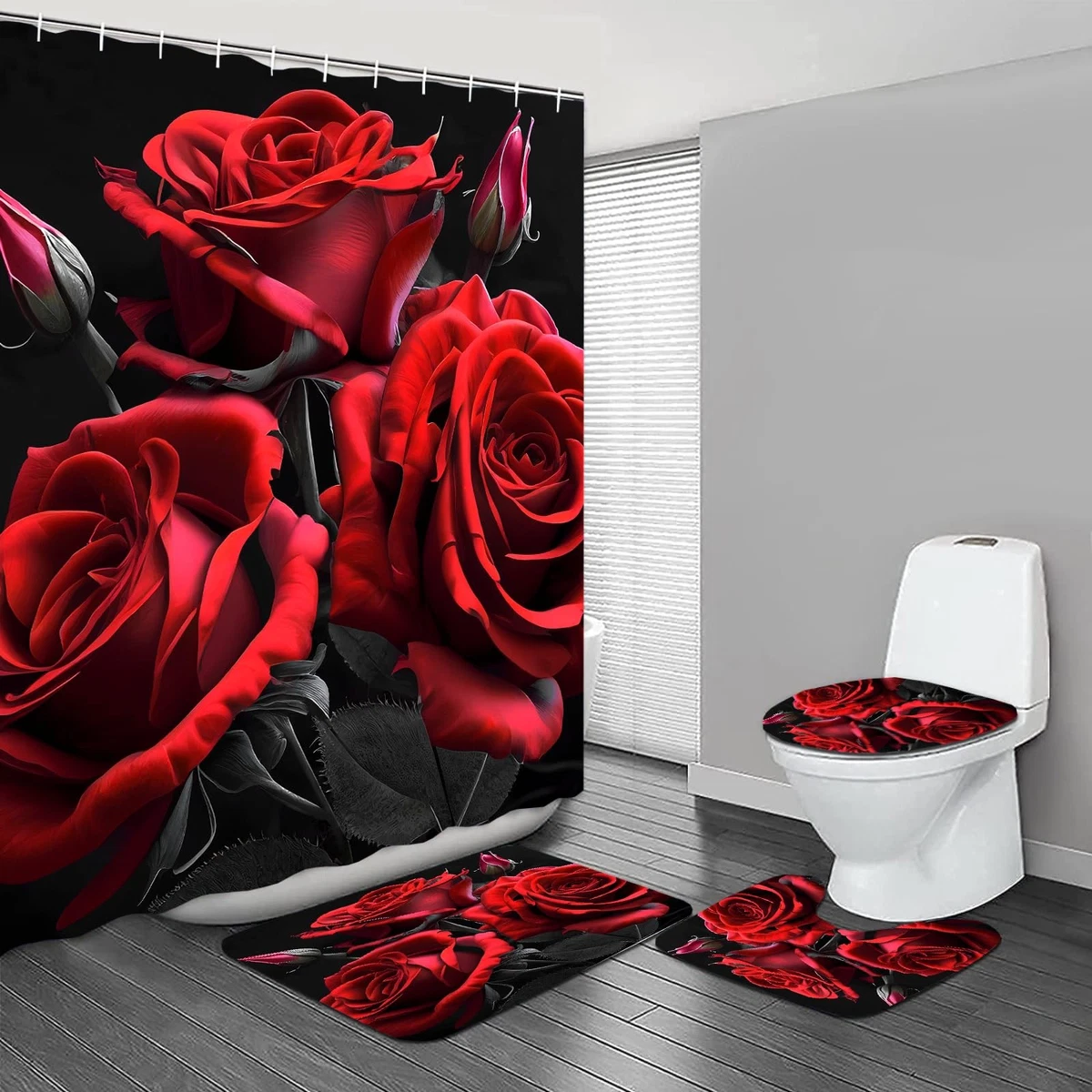 Red Rose Shower Curtain Sets 4 Pcs,Non-SlipRugs Bath Mat Toilet Cover U Shape...