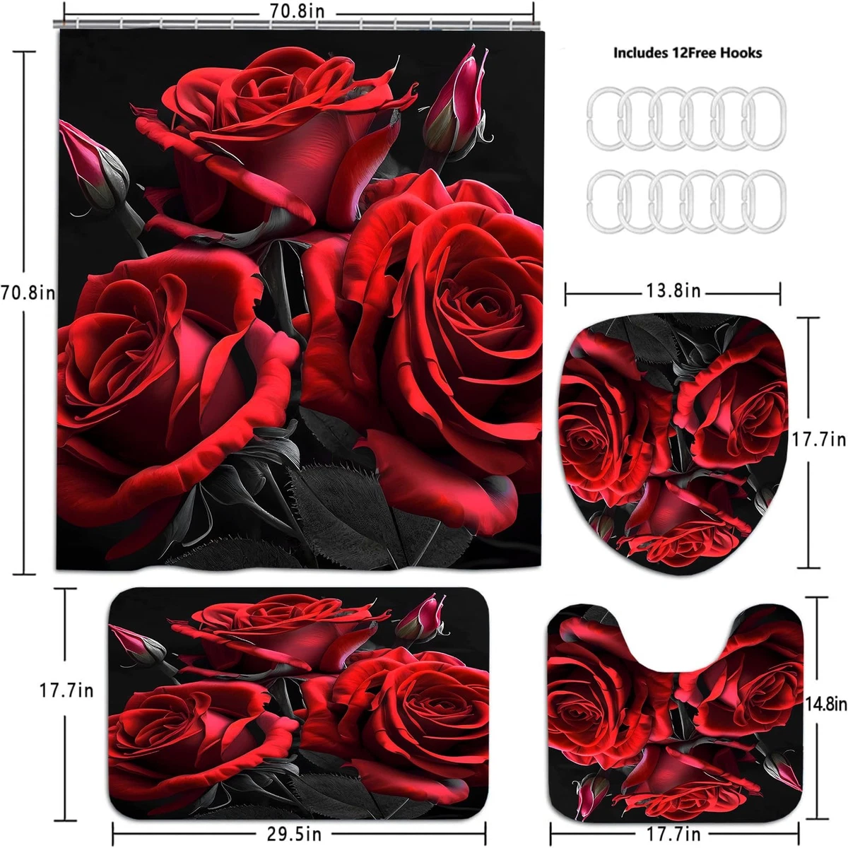 Red Rose Shower Curtain Sets 4 Pcs,Non-SlipRugs Bath Mat Toilet Cover U Shape...