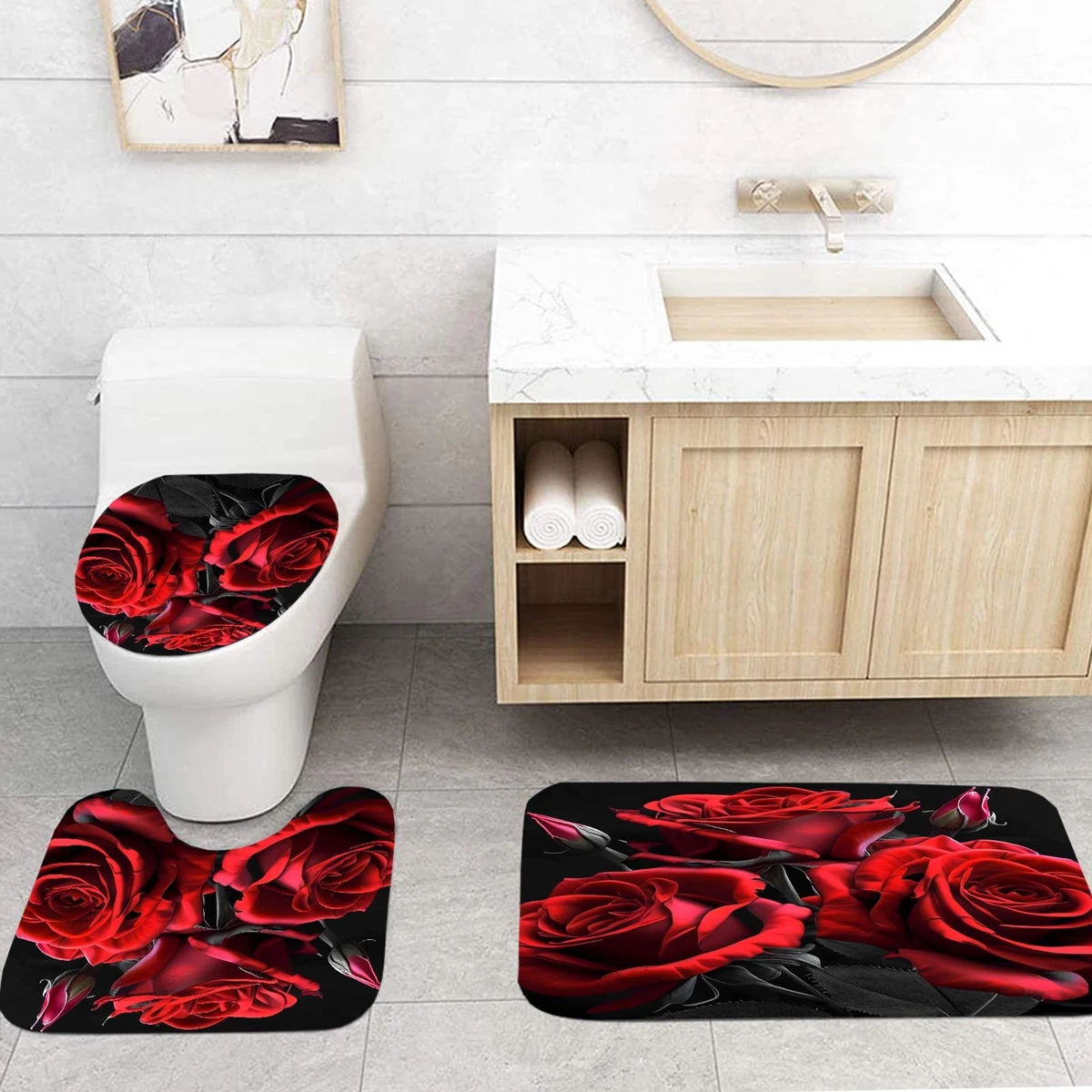 Red Rose Shower Curtain Sets 4 Pcs,Non-SlipRugs Bath Mat Toilet Cover U Shape...