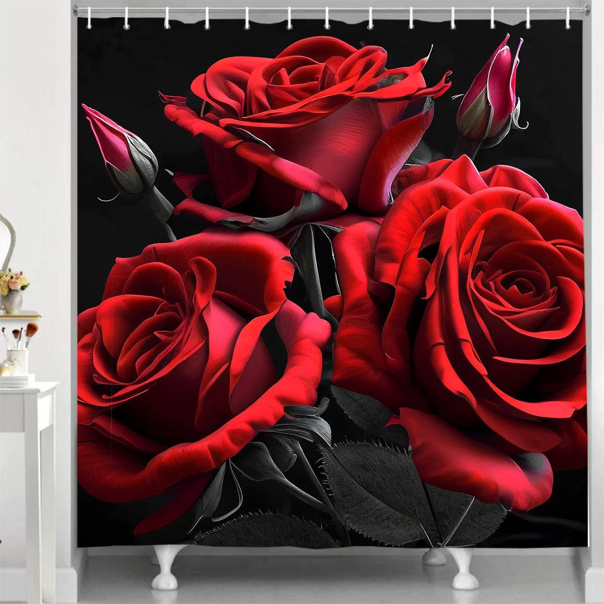 Red Rose Shower Curtain Sets 4 Pcs,Non-SlipRugs Bath Mat Toilet Cover U Shape...