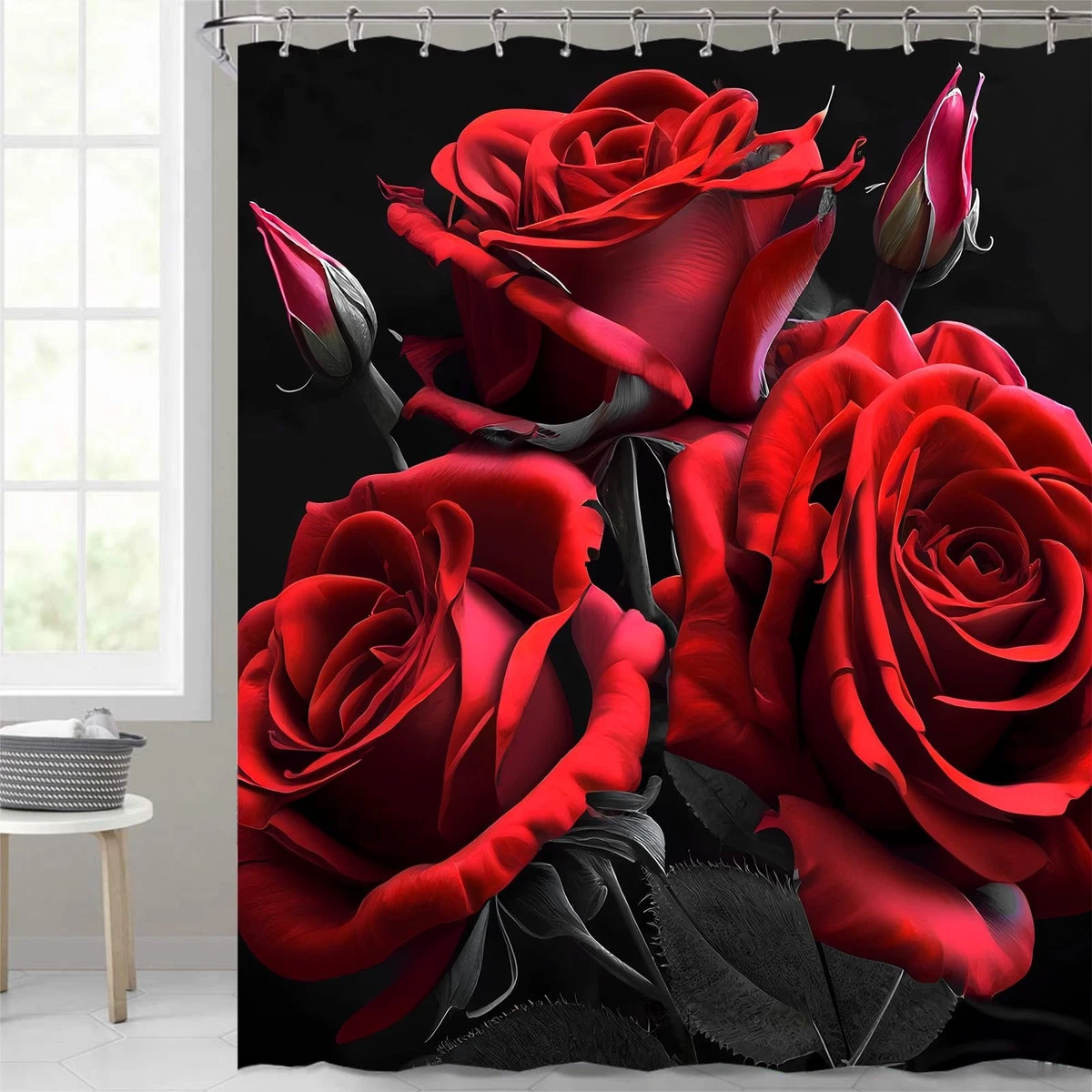 Red Rose Shower Curtain Sets 4 Pcs,Non-SlipRugs Bath Mat Toilet Cover U Shape...