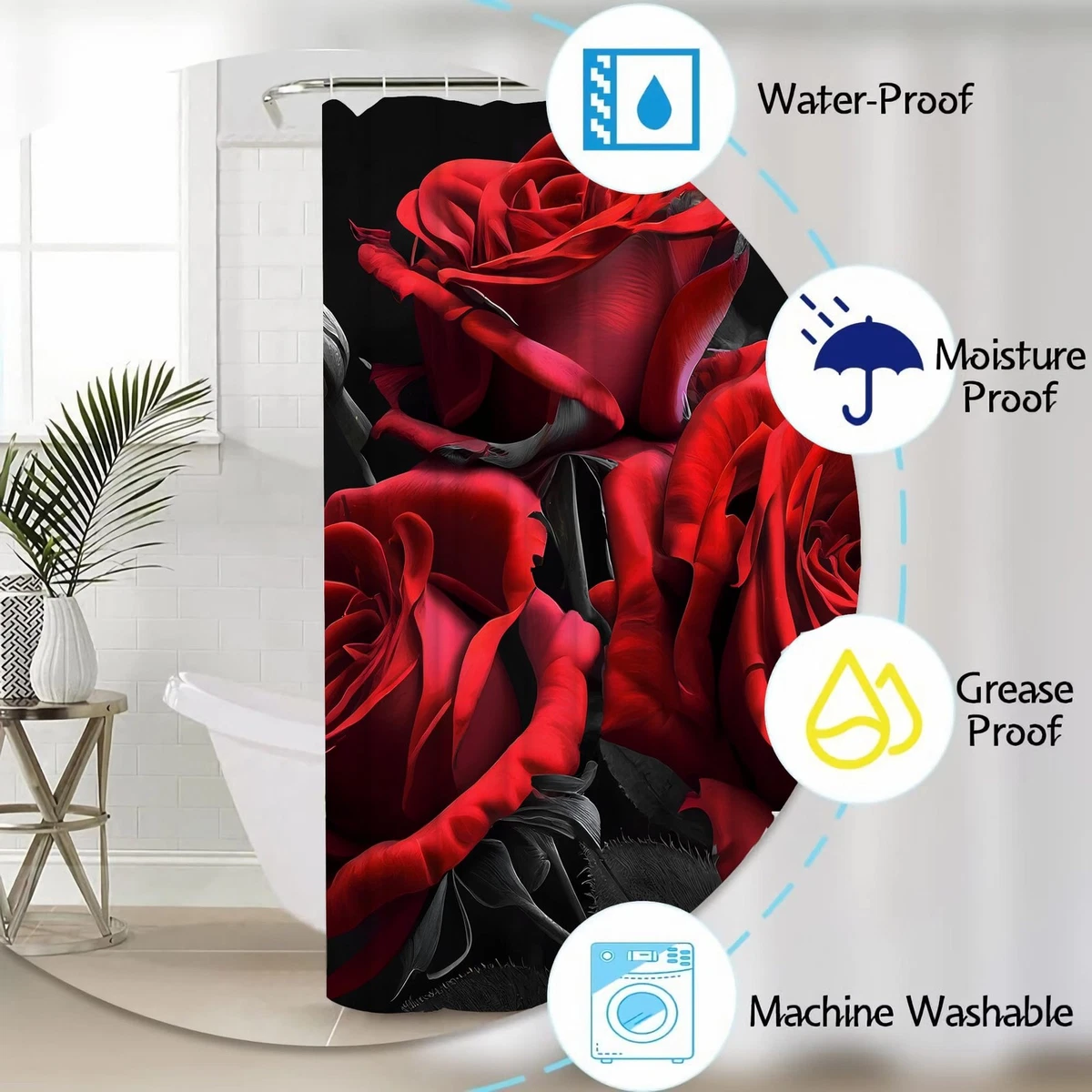 Red Rose Shower Curtain Sets 4 Pcs,Non-SlipRugs Bath Mat Toilet Cover U Shape...