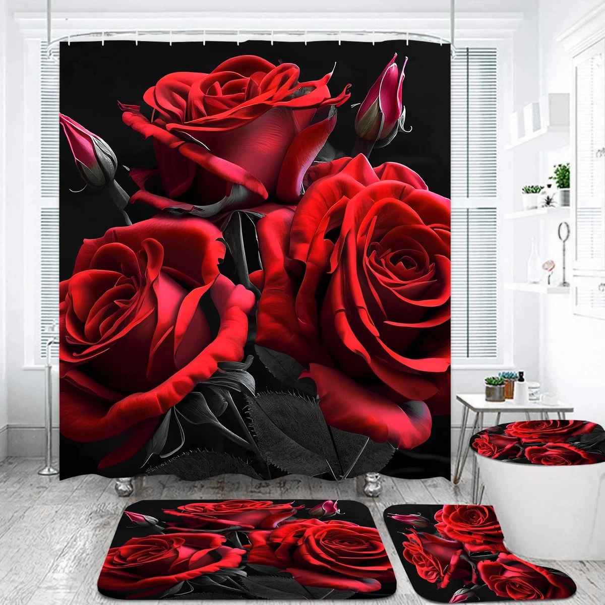 Red Rose Shower Curtain Sets 4 Pcs,Non-SlipRugs Bath Mat Toilet Cover U Shape...