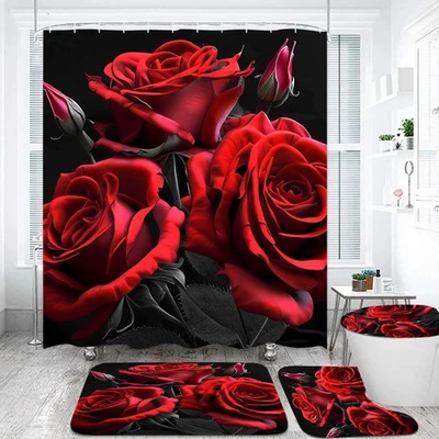 Red Rose Shower Curtain Sets 4 Pcs,Non-SlipRugs Bath Mat Toilet Cover U Shape...