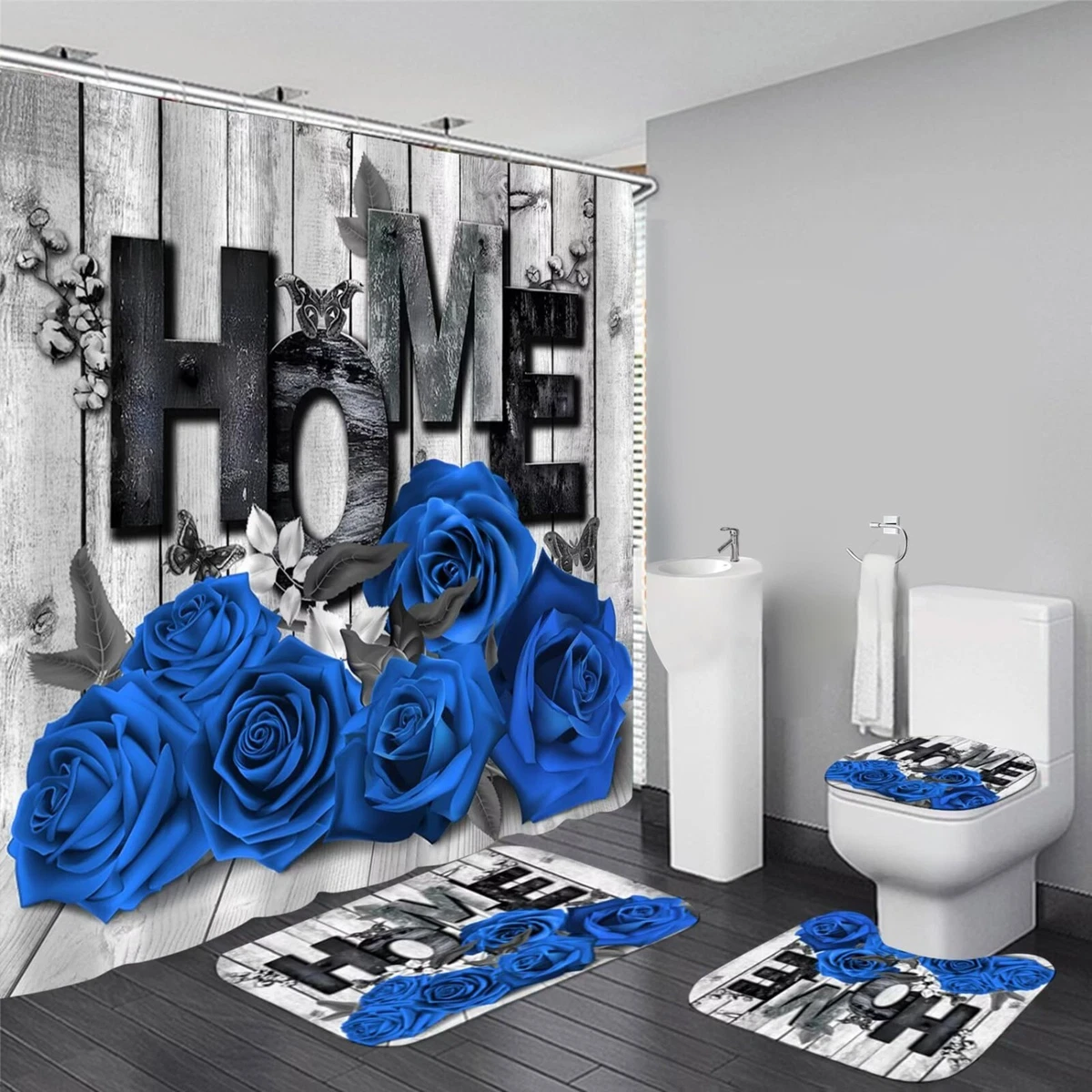 Romantic Blue Rose Shower Curtain Set with Non-Slip Rugs & Toilet Cover - 4 Pcs