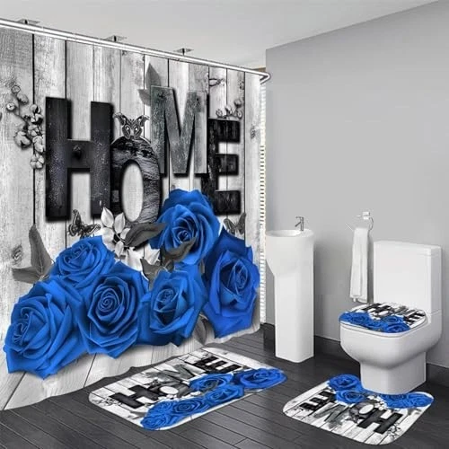 Romantic Blue Rose Shower Curtain Set with Non-Slip Rugs & Toilet Cover - 4 Pcs