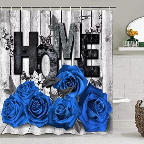 Romantic Blue Rose Shower Curtain Set with Non-Slip Rugs & Toilet Cover - 4 Pcs