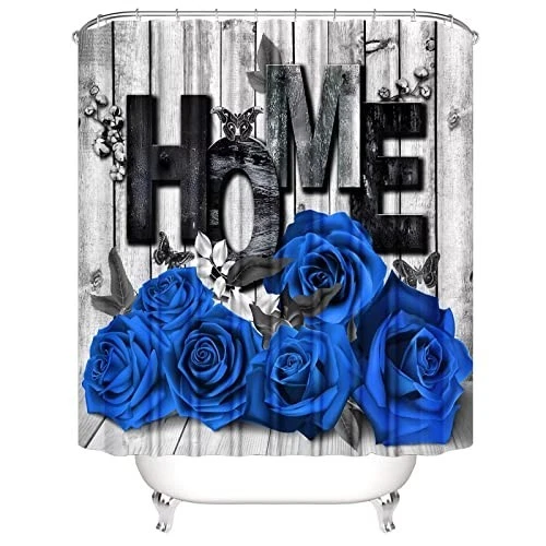 Romantic Blue Rose Shower Curtain Set with Non-Slip Rugs & Toilet Cover - 4 Pcs