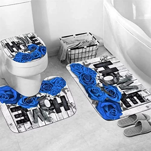 Romantic Blue Rose Shower Curtain Set with Non-Slip Rugs & Toilet Cover - 4 Pcs